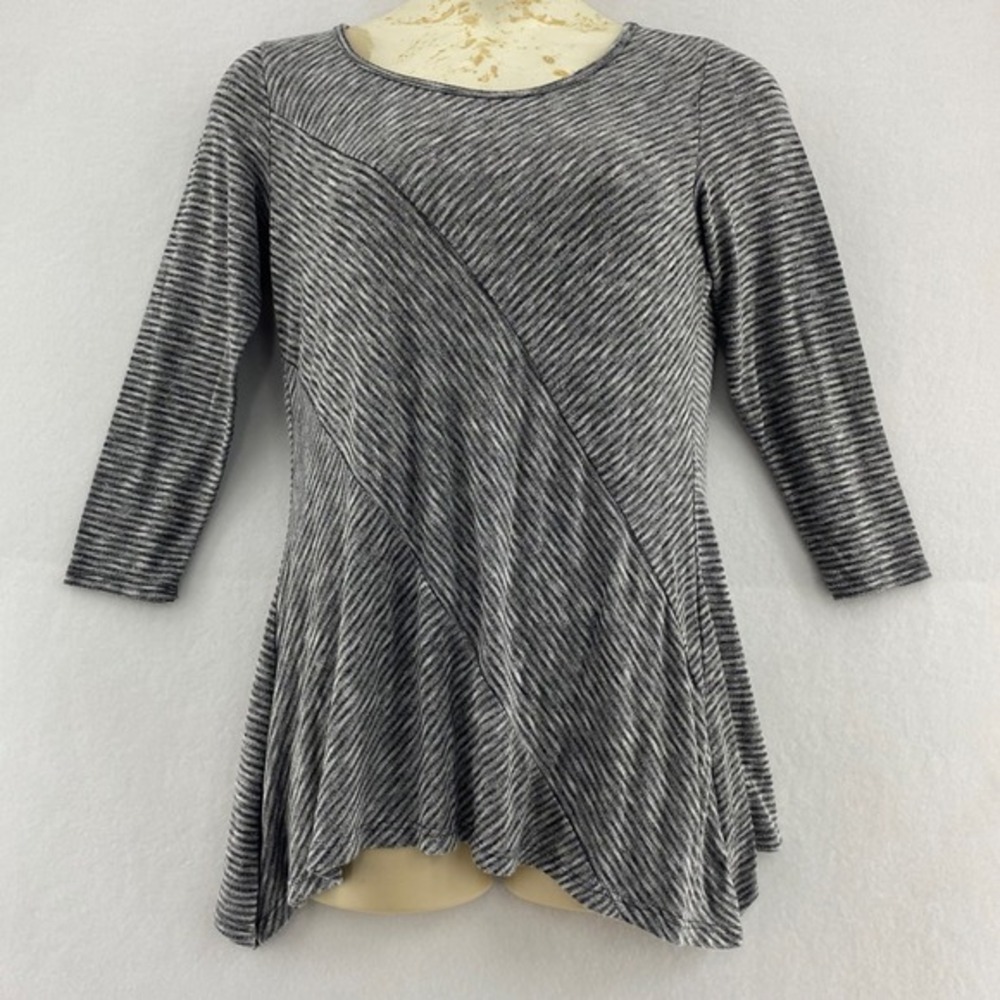 Sunday Striped Tunic Top Asymmetrical Hem Long Sleeve Gray Knit Size M Everyday